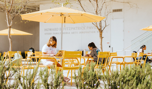 Student sitting at outdoor table on laptop